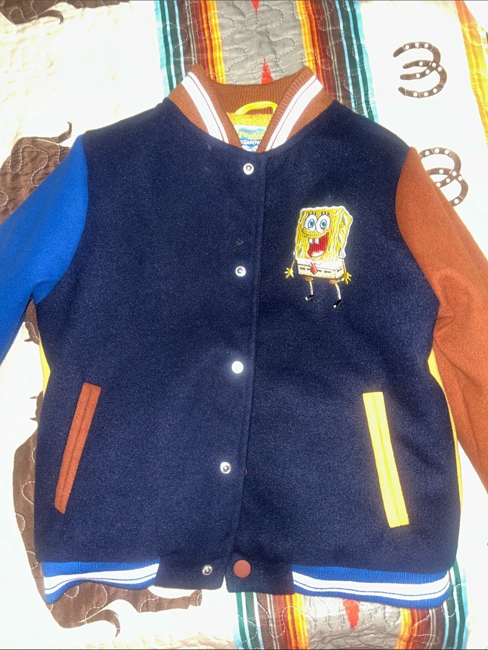 Andy & Evan Navy SpongeBob Varsity Jacket with Blue & Brown Sleeves